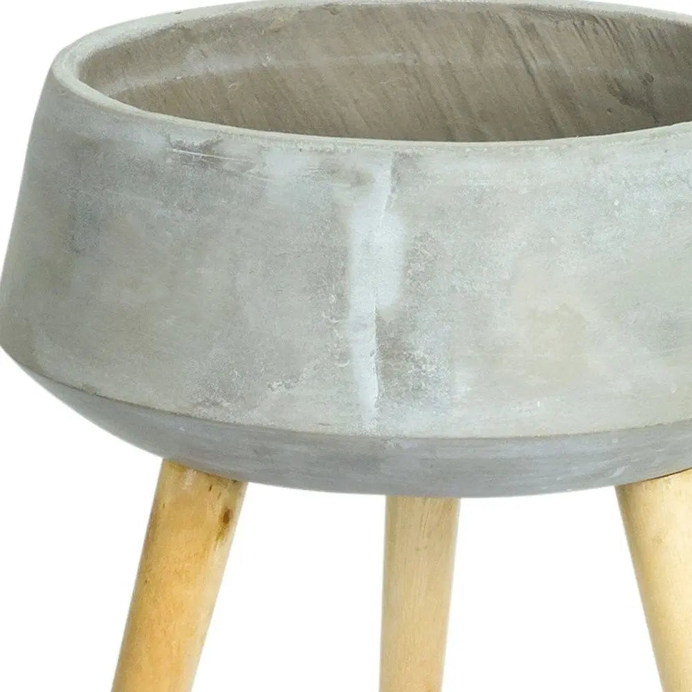 Gray Cement And Wood 81 Ounce Round Distressed Pot Planter With Stand HomeRoots