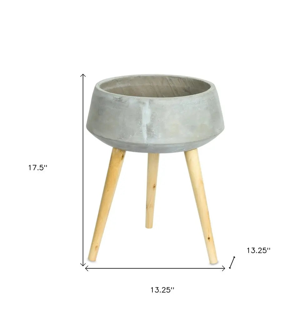 Gray Cement And Wood 81 Ounce Round Distressed Pot Planter With Stand HomeRoots
