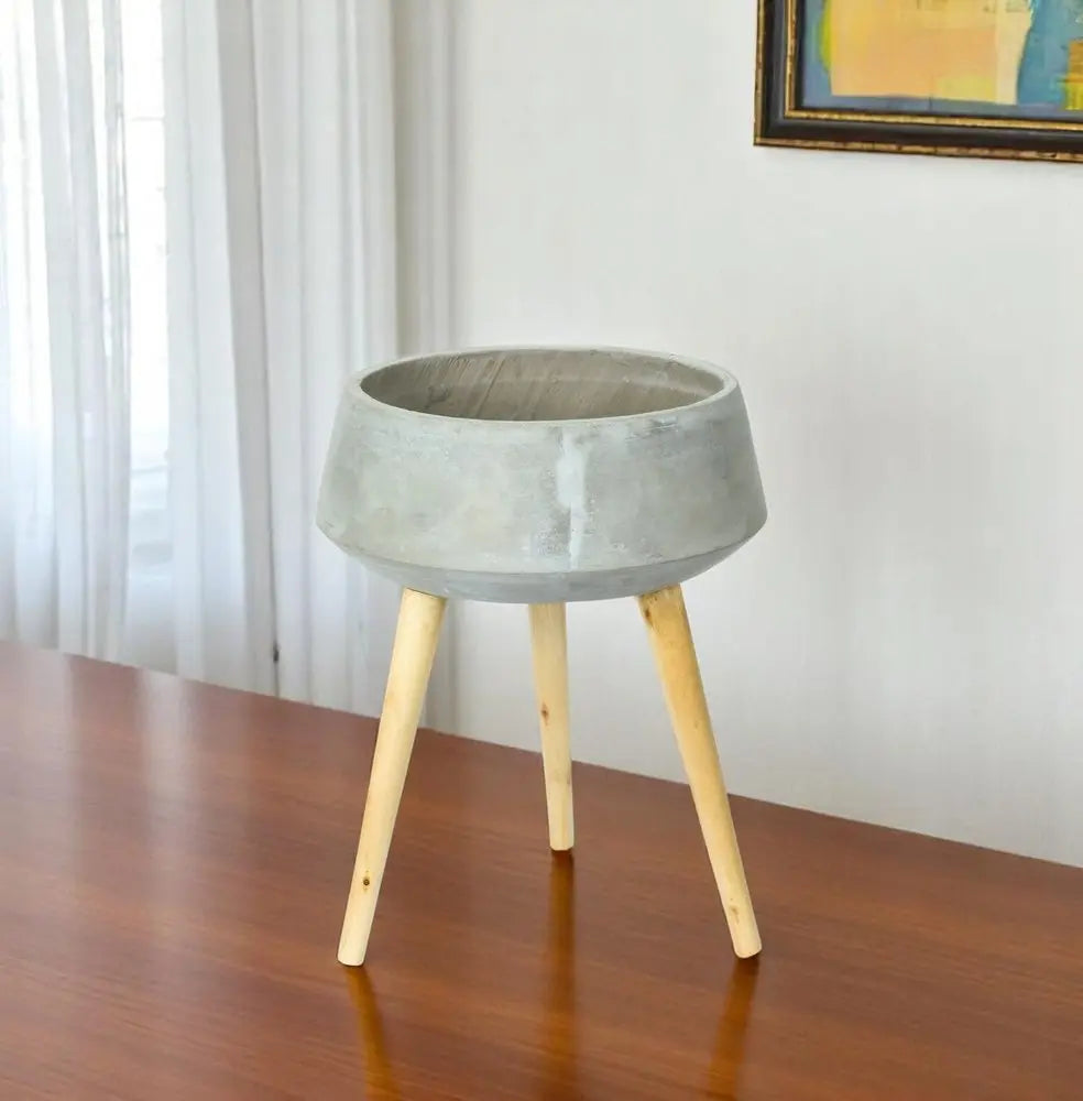 Gray Cement And Wood 81 Ounce Round Distressed Pot Planter With Stand HomeRoots