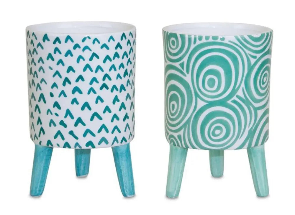 Set of Two Aqua Teal And White Ceramic 2 Ounce Chevron Round Distressed Pot Planters HomeRoots
