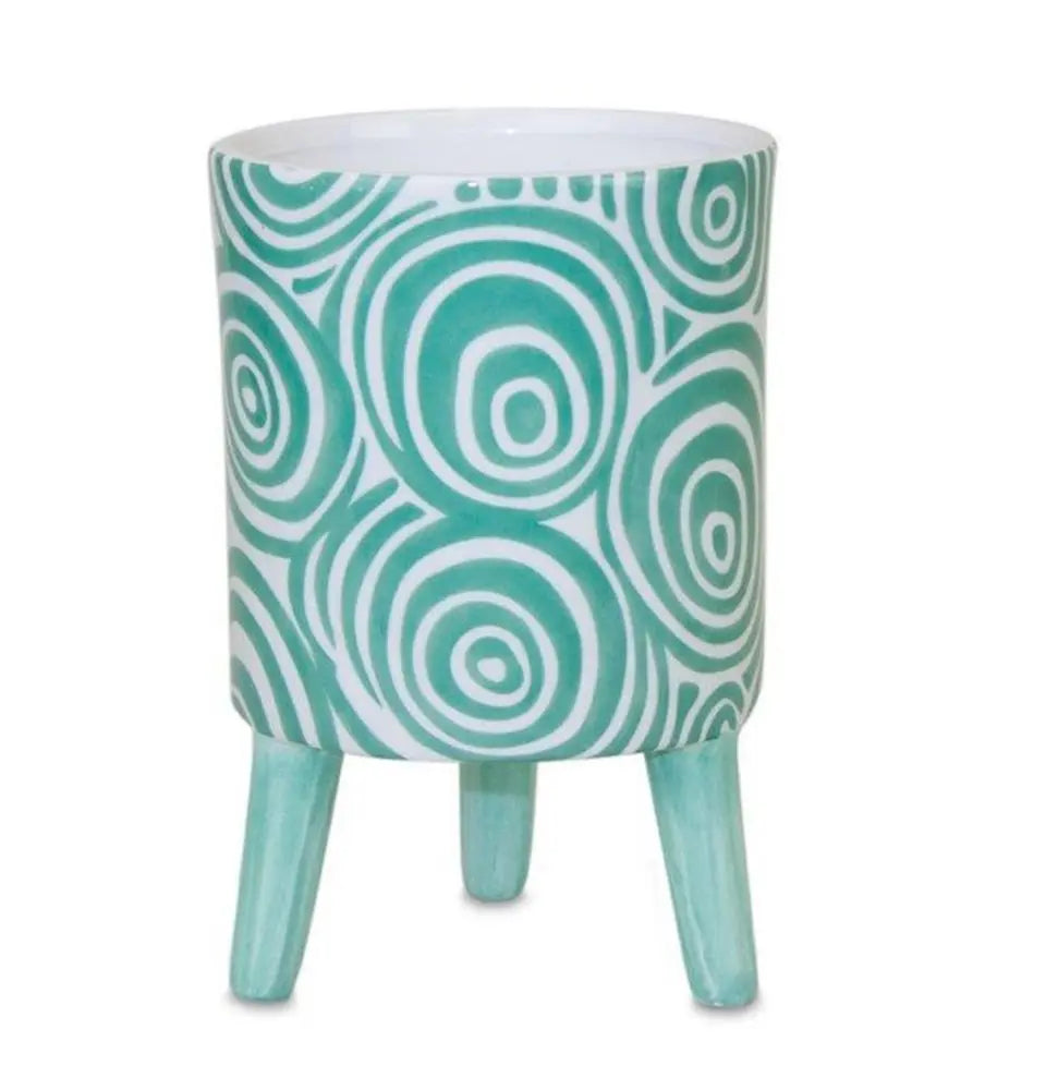 Set of Two Aqua Teal And White Ceramic 2 Ounce Chevron Round Distressed Pot Planters HomeRoots