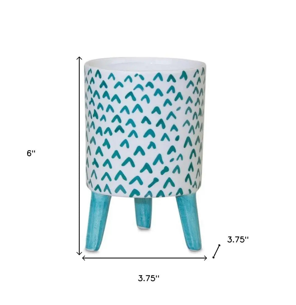 Set of Two Aqua Teal And White Ceramic 2 Ounce Chevron Round Distressed Pot Planters HomeRoots