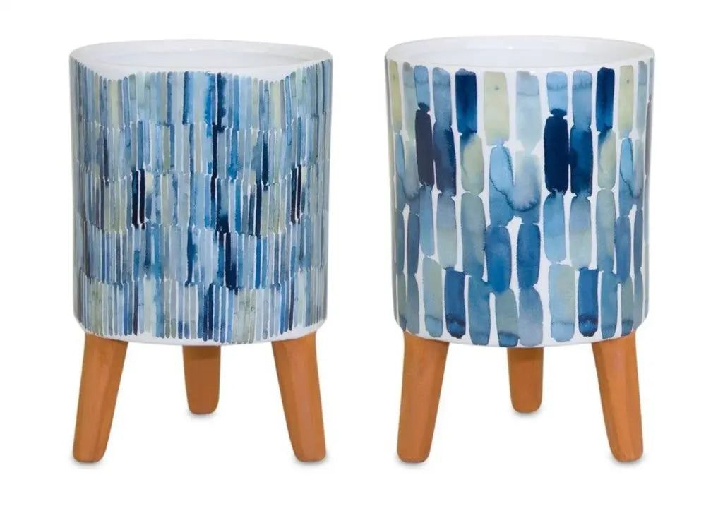 Set of Two Blue Terra Cotta And White Ceramic 2 Ounce Round Raised Pot Planters HomeRoots