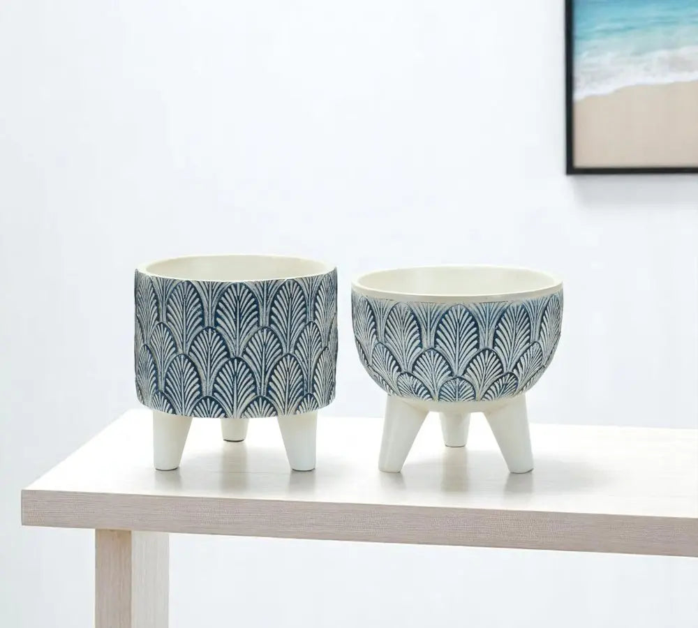 Set of Two Blue And White Polyresin Geometric Pot Planters HomeRoots