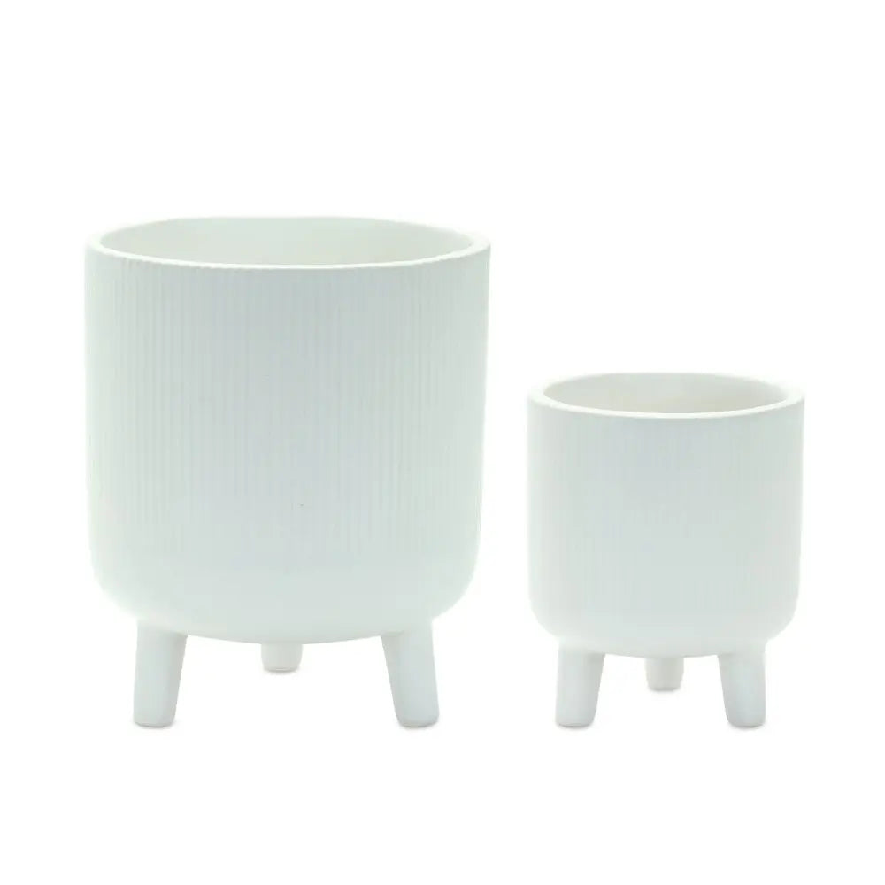Set of Two White Ceramic Striped Footed Pot Planters HomeRoots
