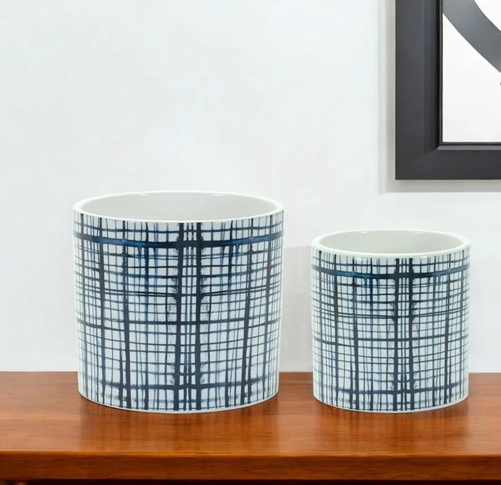 Set of Two White And Blue Ceramic Lattice 2 Ounce Round Pot Planters HomeRoots