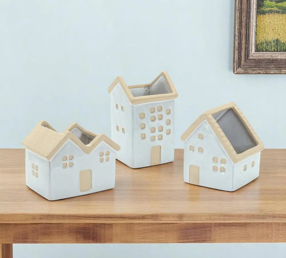 Set of Three White And Natural House Trio Pot Planters HomeRoots