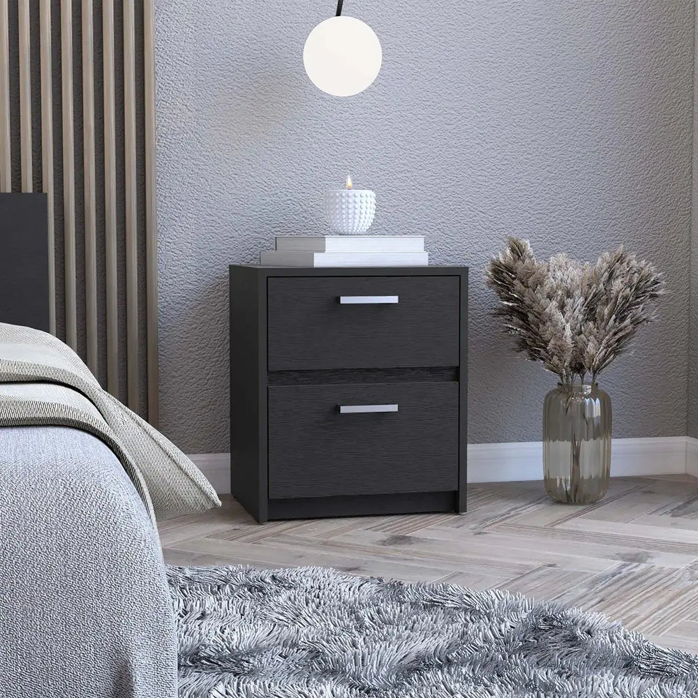 19" Black Wood Two Drawer Nightstand HomeRoots