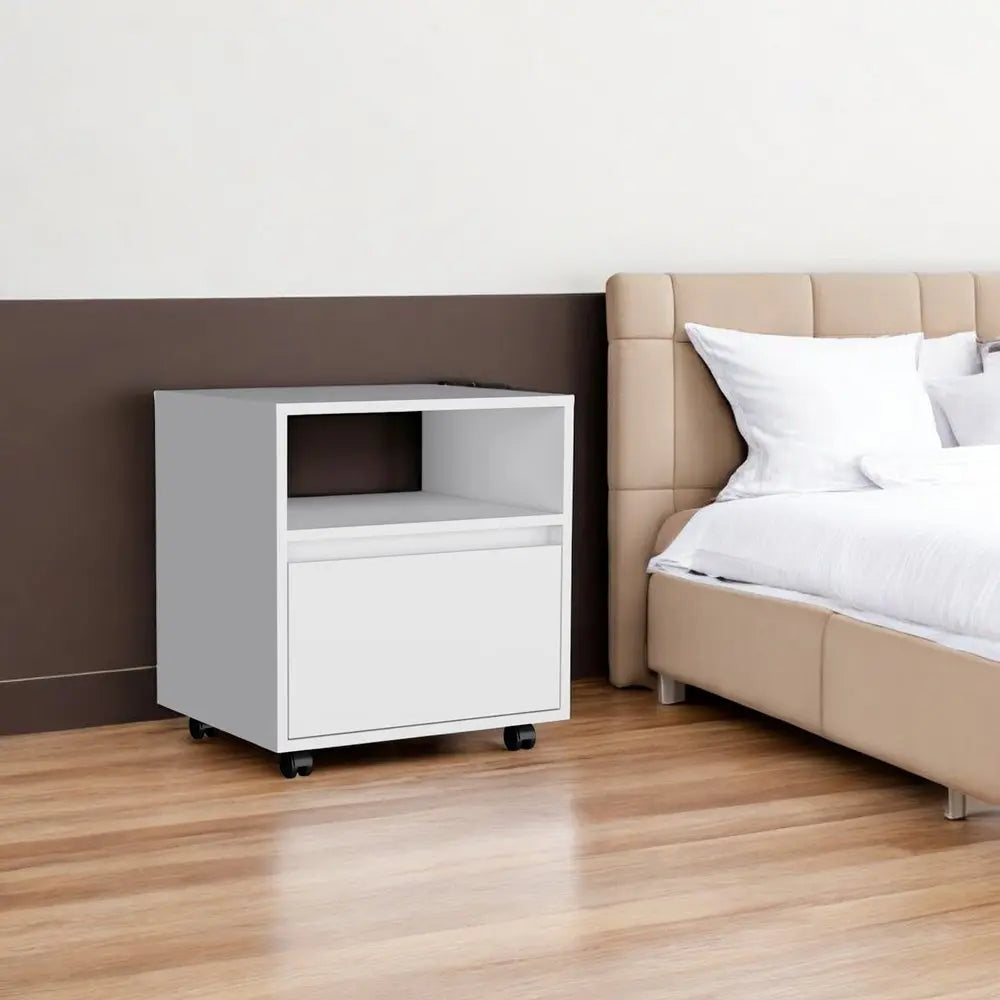 21" White Wood One Drawer Nightstand with Integrated Tech HomeRoots