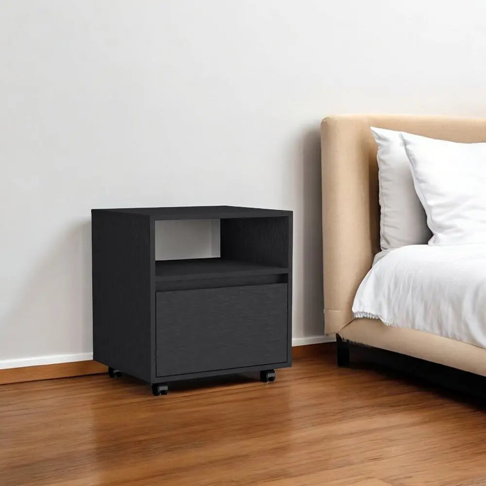 21" Black Wood One Drawer Nightstand with Integrated Tech HomeRoots