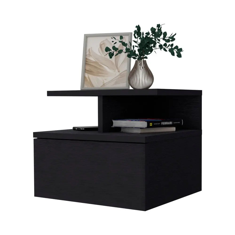 12" Black Wood One Drawer Nightstand with Integrated Tech HomeRoots