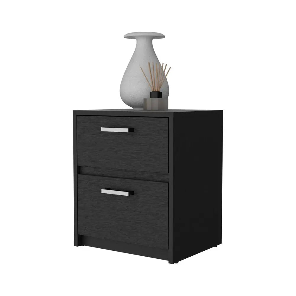 19" Black Wood Two Drawer Nightstand with Integrated Tech HomeRoots