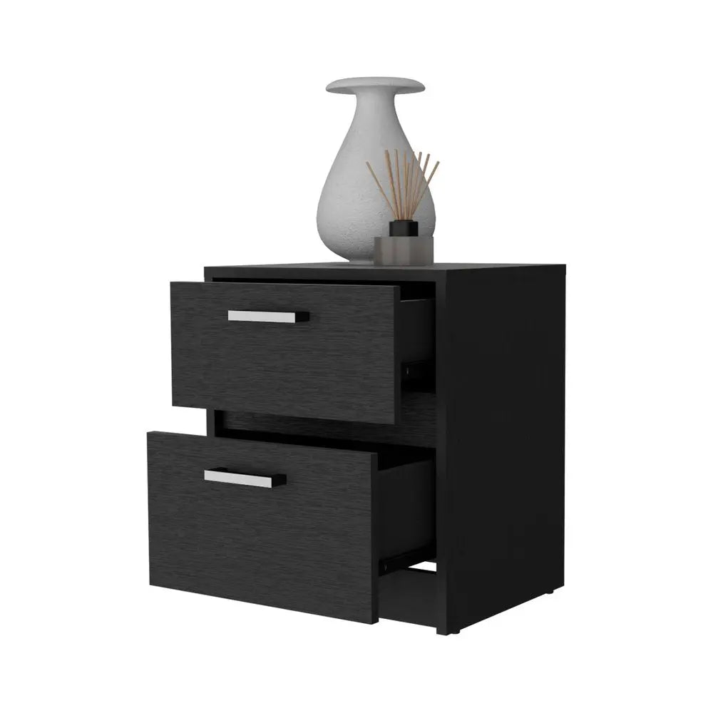 19" Black Wood Two Drawer Nightstand with Integrated Tech HomeRoots