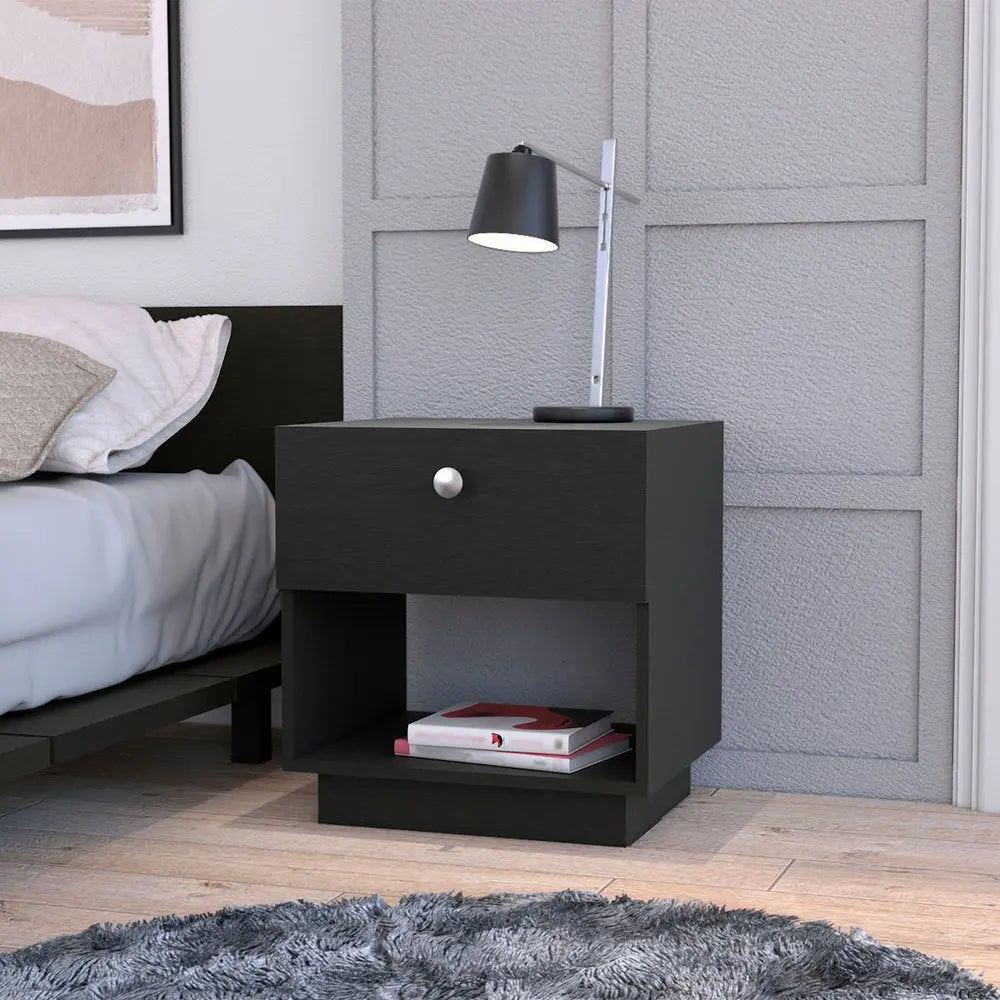 20" Black Wood One Drawer Nightstand with Integrated Tech HomeRoots
