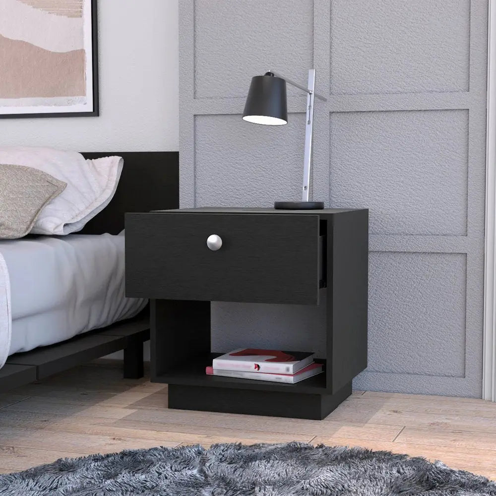 20" Black Wood One Drawer Nightstand with Integrated Tech HomeRoots