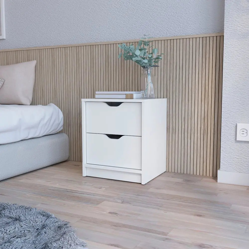 19" White Wood Two Drawer Nightstand with Integrated Tech HomeRoots