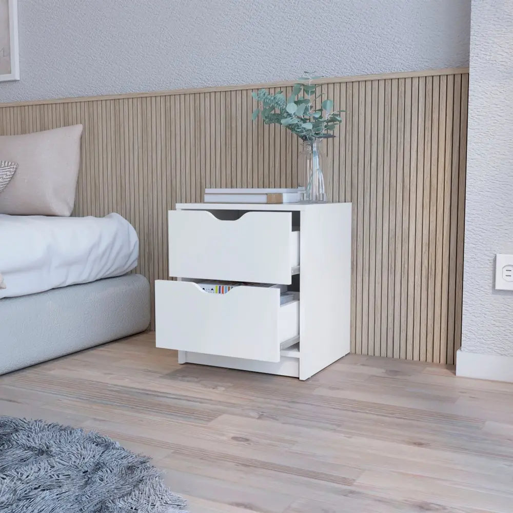 19" White Wood Two Drawer Nightstand with Integrated Tech HomeRoots
