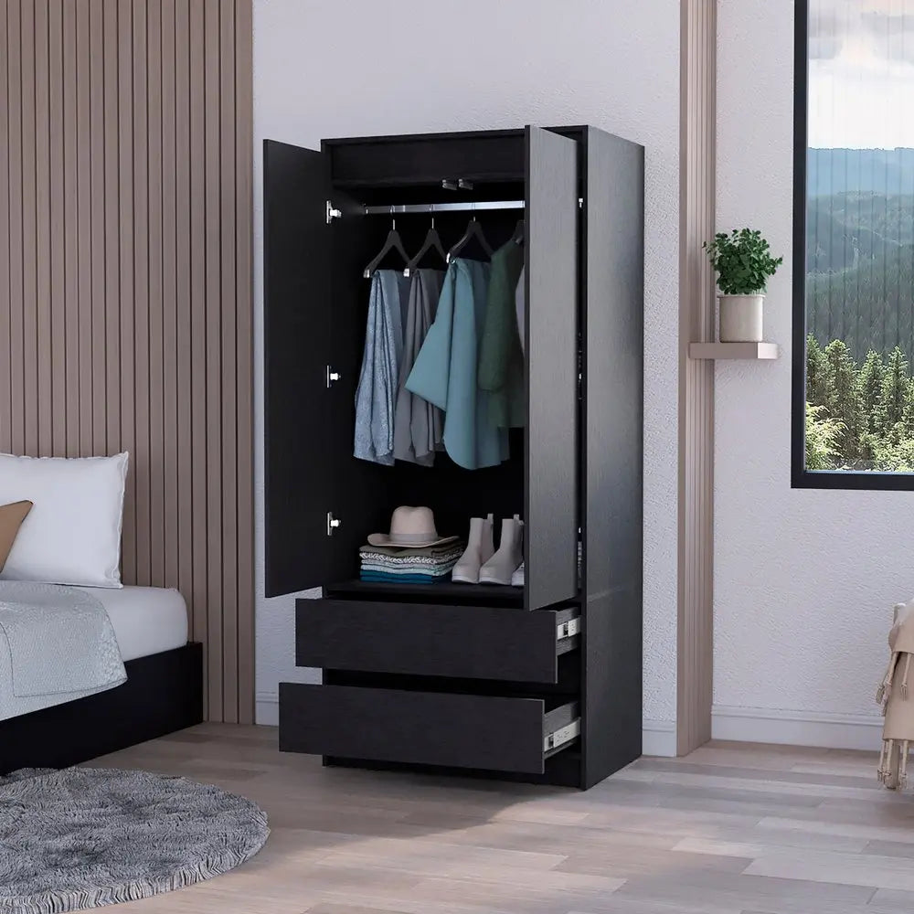 32" Black Accent Cabinet Soft Close With Multiple Shelves And Three Drawers HomeRoots