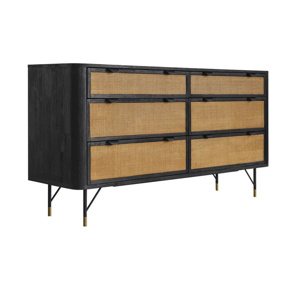 61" Natural and Black Solid Wood Six Drawer Double Dresser HomeRoots