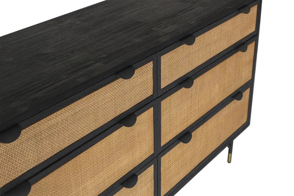 61" Natural and Black Solid Wood Six Drawer Double Dresser HomeRoots
