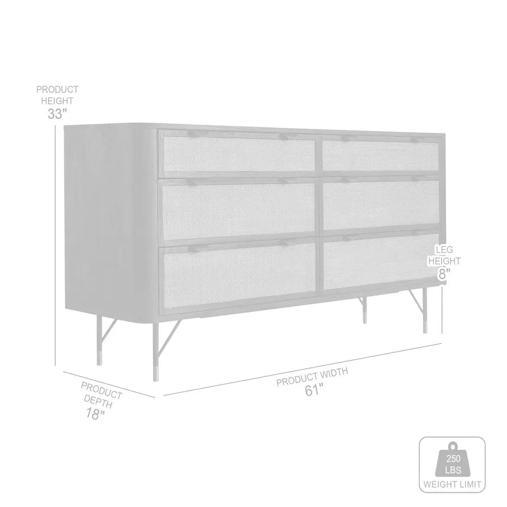 61" Natural and Black Solid Wood Six Drawer Double Dresser HomeRoots