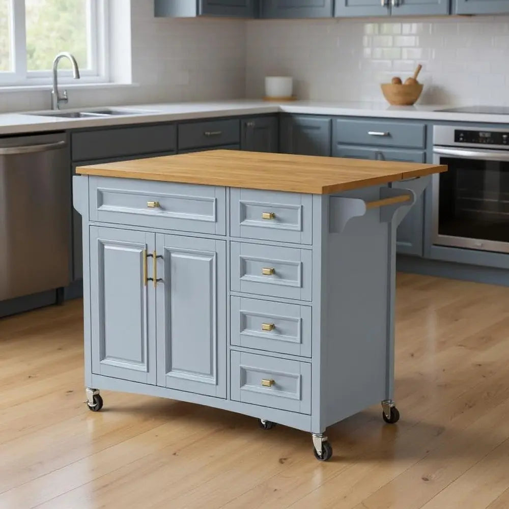 52" Light Blue Wood Barn Door Rolling Kitchen Island - NOVA HOME FURNITURE