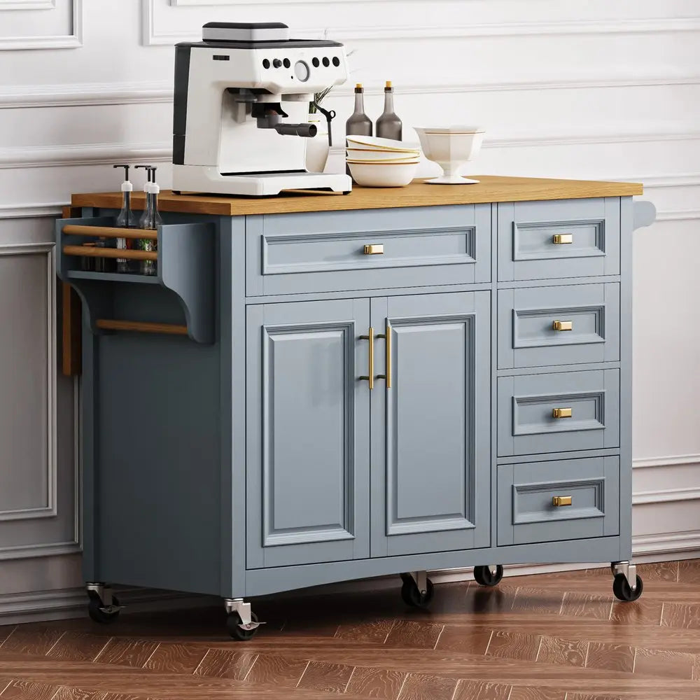 52" Light Blue Wood Barn Door Rolling Kitchen Island - NOVA HOME FURNITURE