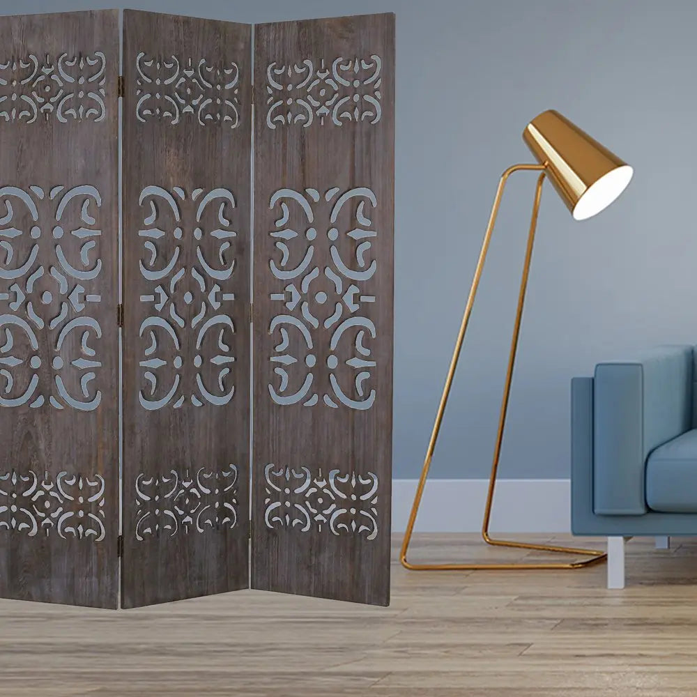 52 X 67 Brown 3 Panel Wood Screen - NOBLE HOME INTERIORS