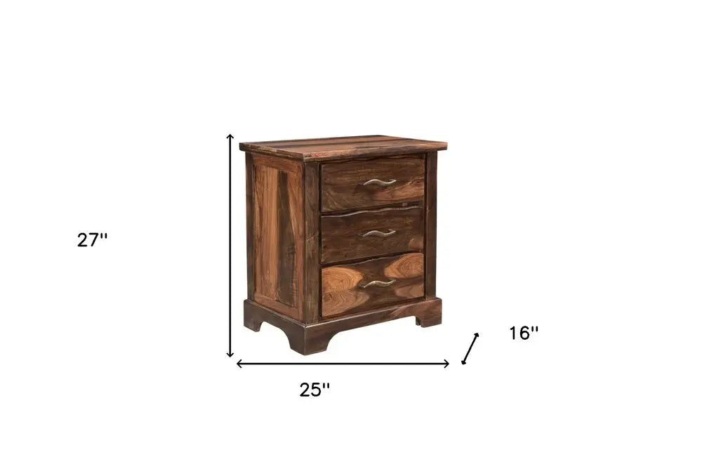 27" Dark Brown Solid Wood Three Drawer Nightstand HomeRoots