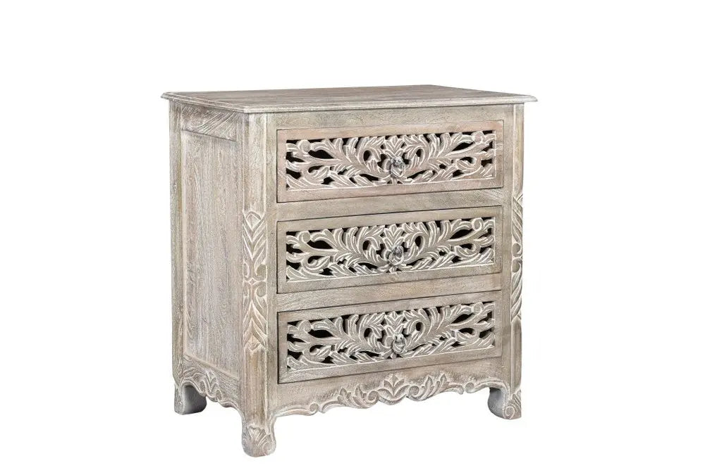 30" Distressed Gray Three Drawer Floral Carved Solid Wood Nightstand HomeRoots