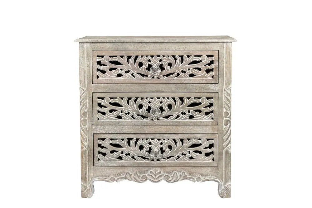 30" Distressed Gray Three Drawer Floral Carved Solid Wood Nightstand HomeRoots