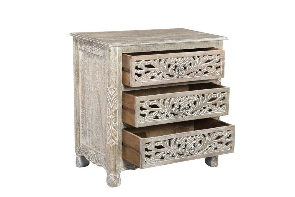 30" Distressed Gray Three Drawer Floral Carved Solid Wood Nightstand HomeRoots