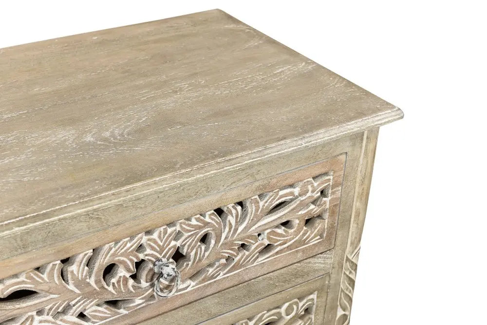 30" Distressed Gray Three Drawer Floral Carved Solid Wood Nightstand HomeRoots