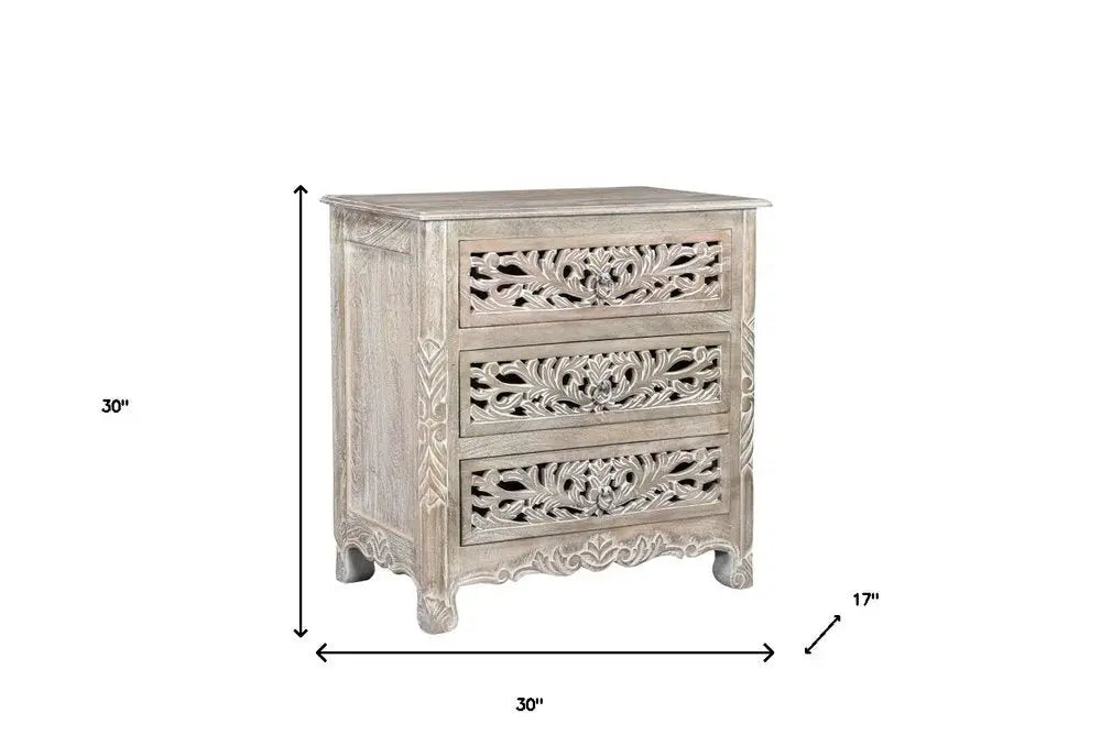 30" Distressed Gray Three Drawer Floral Carved Solid Wood Nightstand HomeRoots