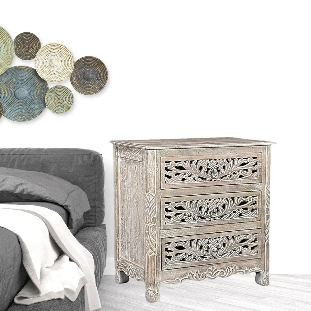 30" Distressed Gray Three Drawer Floral Carved Solid Wood Nightstand HomeRoots