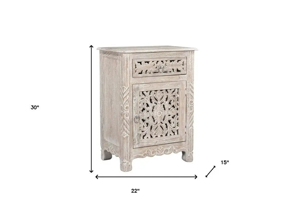 30" Distressed White One Drawer Carved Floral Solid Wood Nightstand HomeRoots