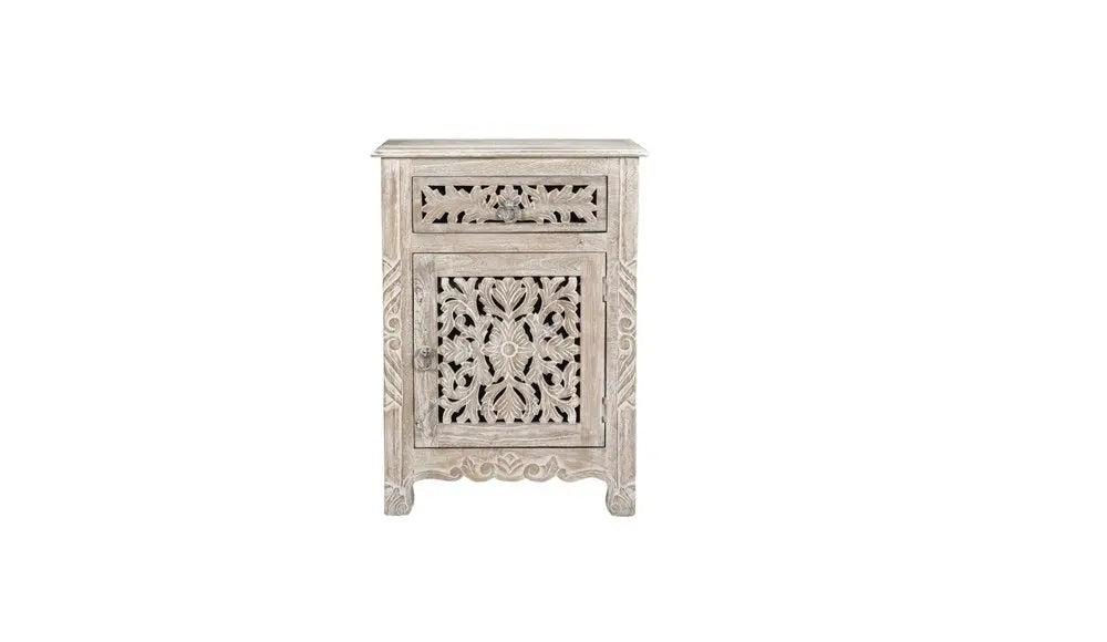 30" Distressed White One Drawer Carved Floral Solid Wood Nightstand HomeRoots