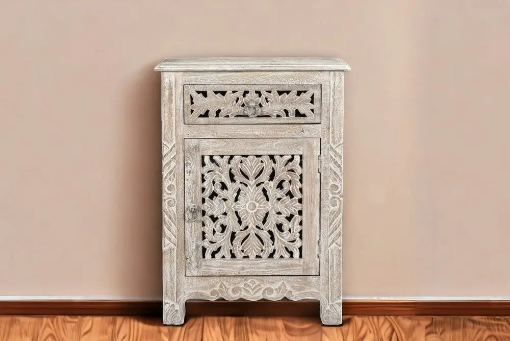 30" Distressed White One Drawer Carved Floral Solid Wood Nightstand HomeRoots