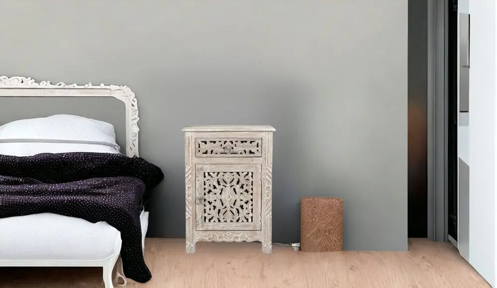 30" Distressed White One Drawer Carved Floral Solid Wood Nightstand HomeRoots