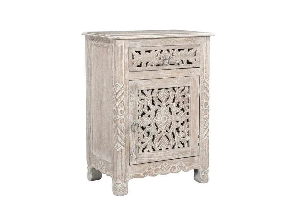 30" Distressed White One Drawer Carved Floral Solid Wood Nightstand HomeRoots