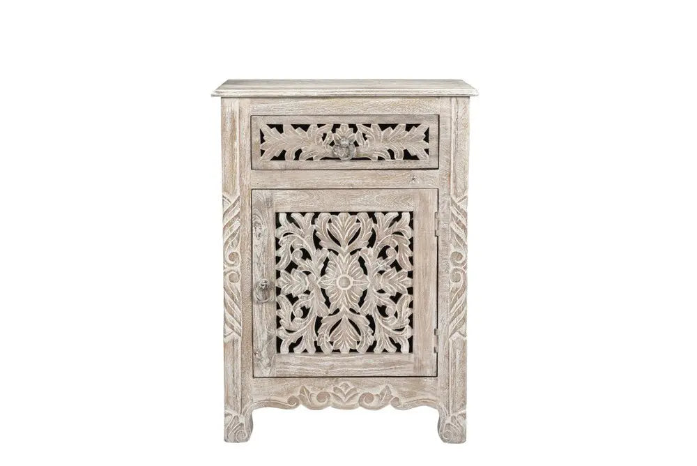 30" Distressed White One Drawer Carved Floral Solid Wood Nightstand HomeRoots