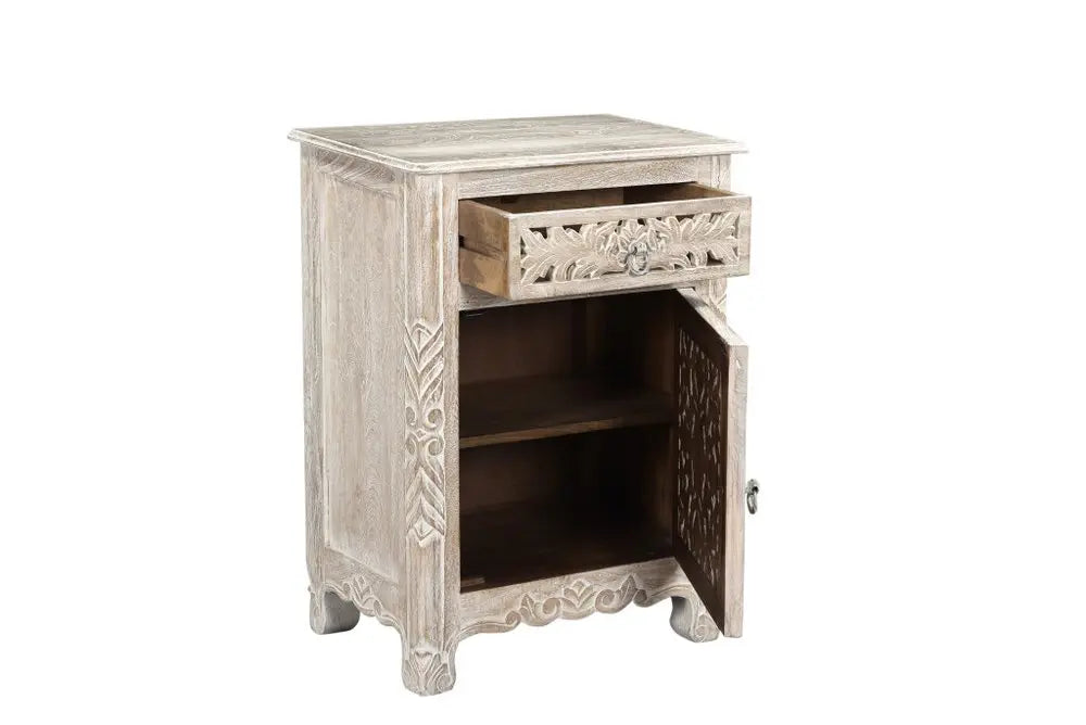30" Distressed White One Drawer Carved Floral Solid Wood Nightstand HomeRoots