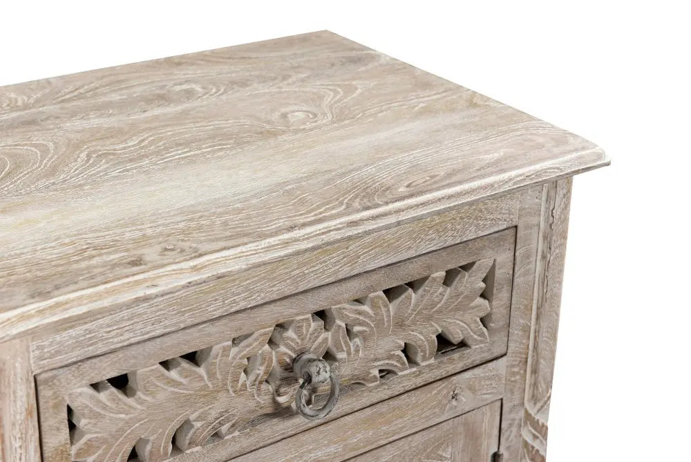 30" Distressed White One Drawer Carved Floral Solid Wood Nightstand HomeRoots