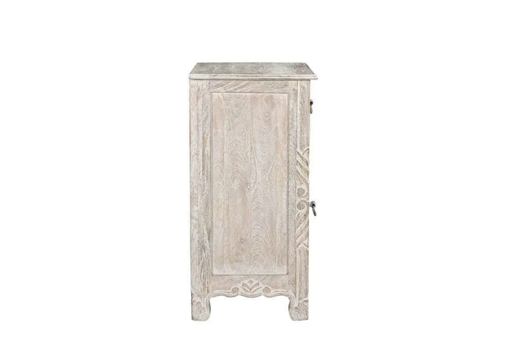 30" Distressed White One Drawer Carved Floral Solid Wood Nightstand HomeRoots
