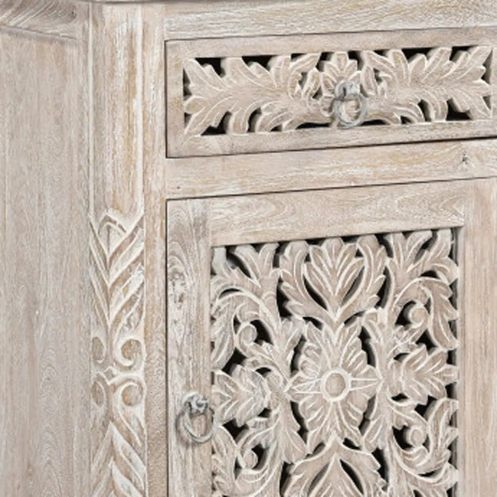 30" Distressed White One Drawer Carved Floral Solid Wood Nightstand HomeRoots