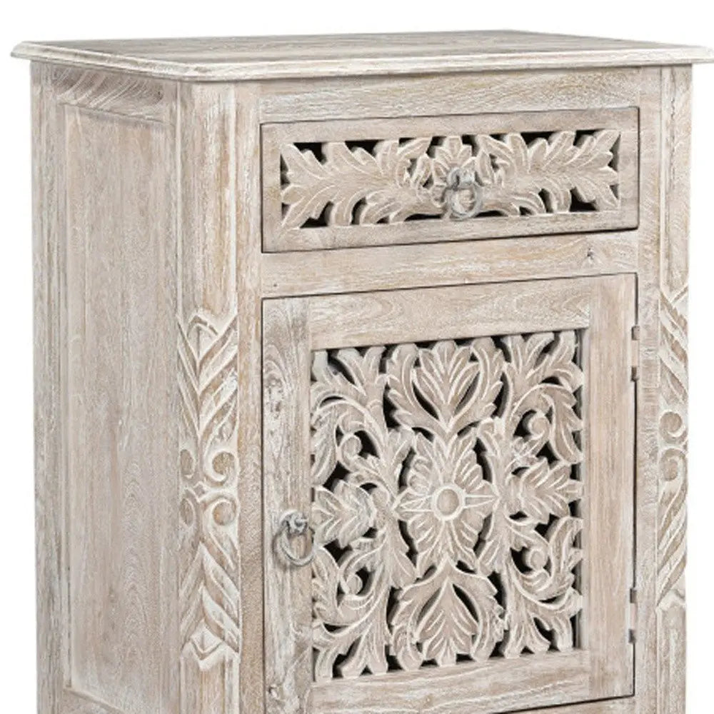 30" Distressed White One Drawer Carved Floral Solid Wood Nightstand HomeRoots