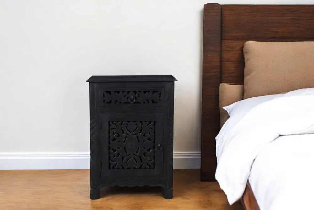30" Black Solid Wood Distressed One Drawer Nightstand HomeRoots
