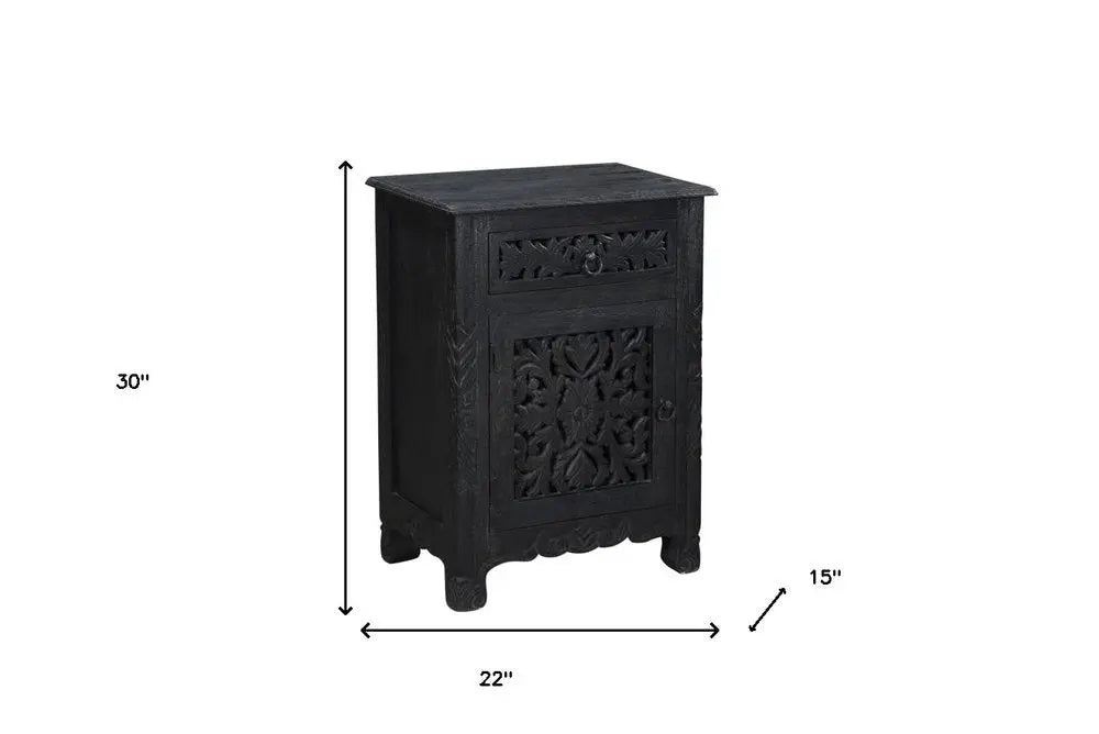30" Black Solid Wood Distressed One Drawer Nightstand HomeRoots