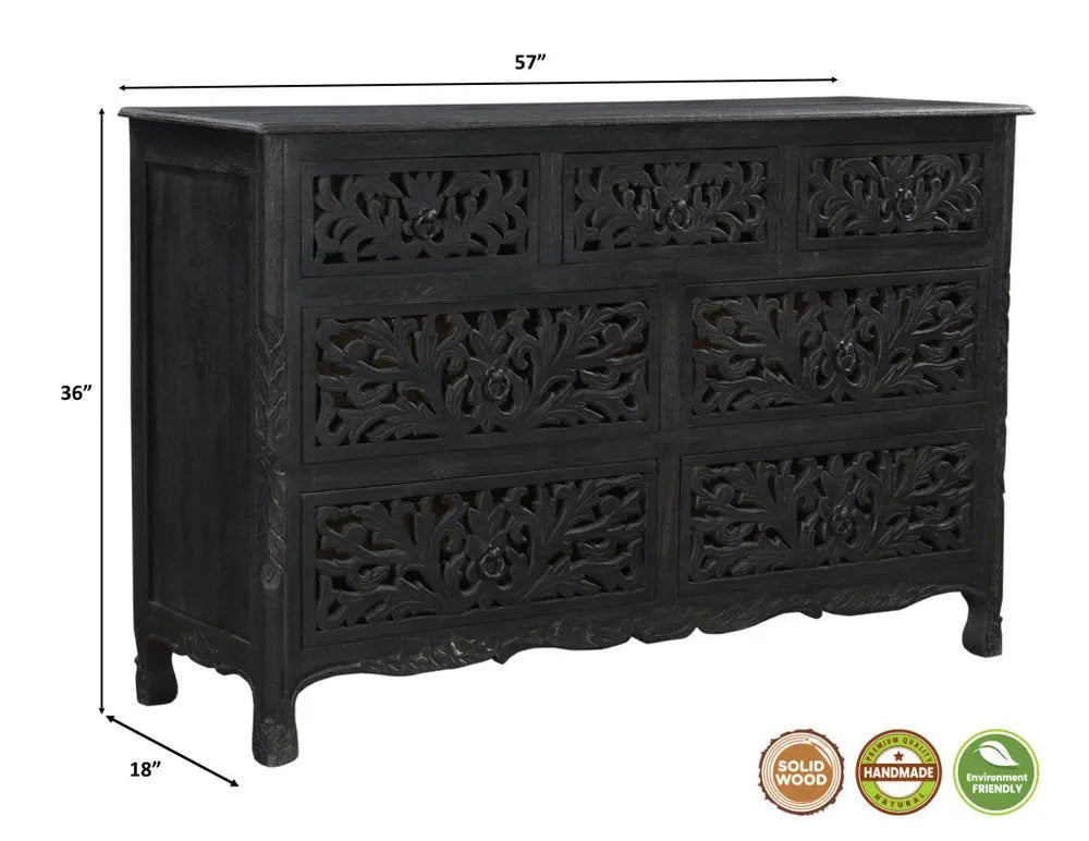 57" Black Solid Wood Seven Drawer Dresser HomeRoots