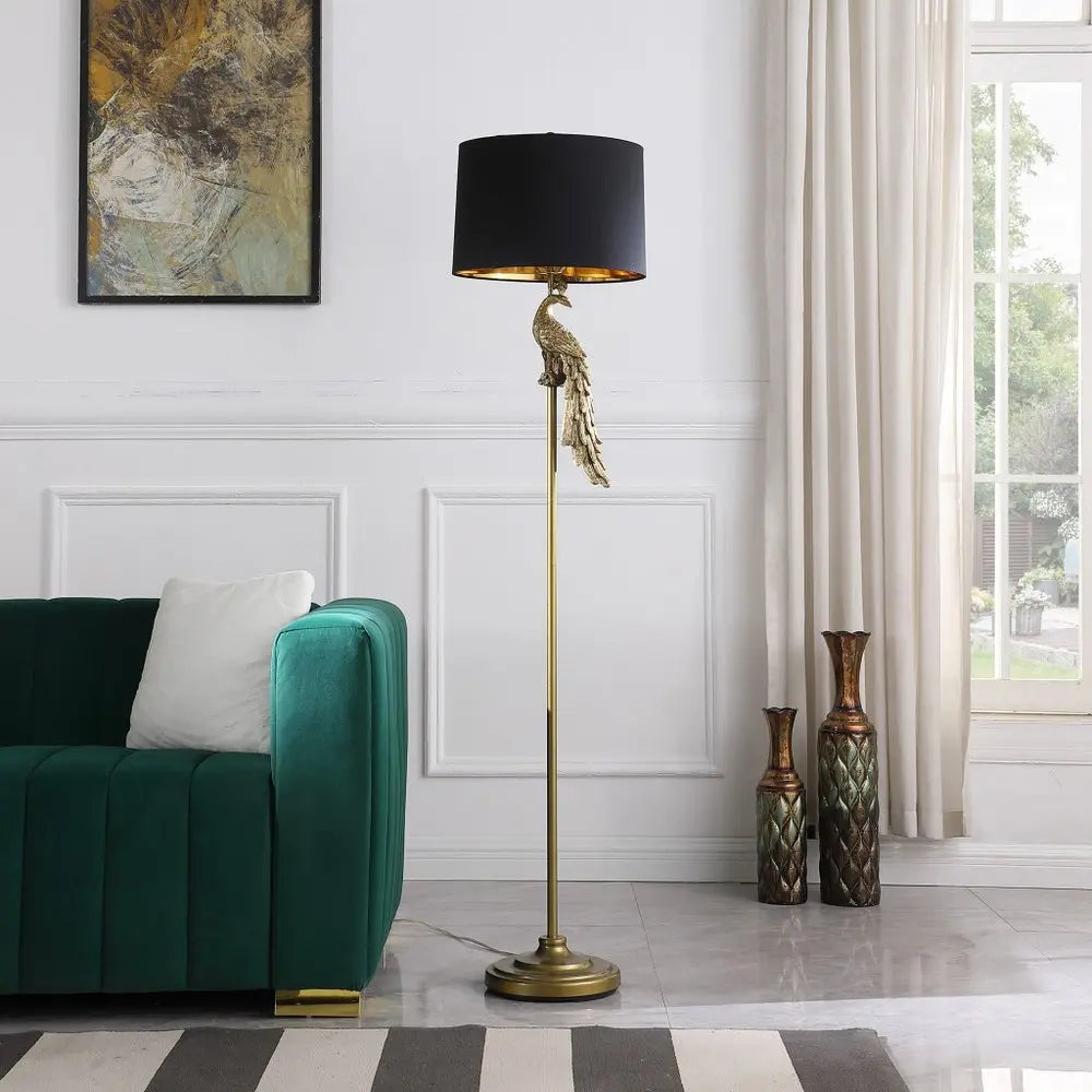 65" Gold And Black Floor Lamp With Black Fabric Drum Shade HomeRoots
